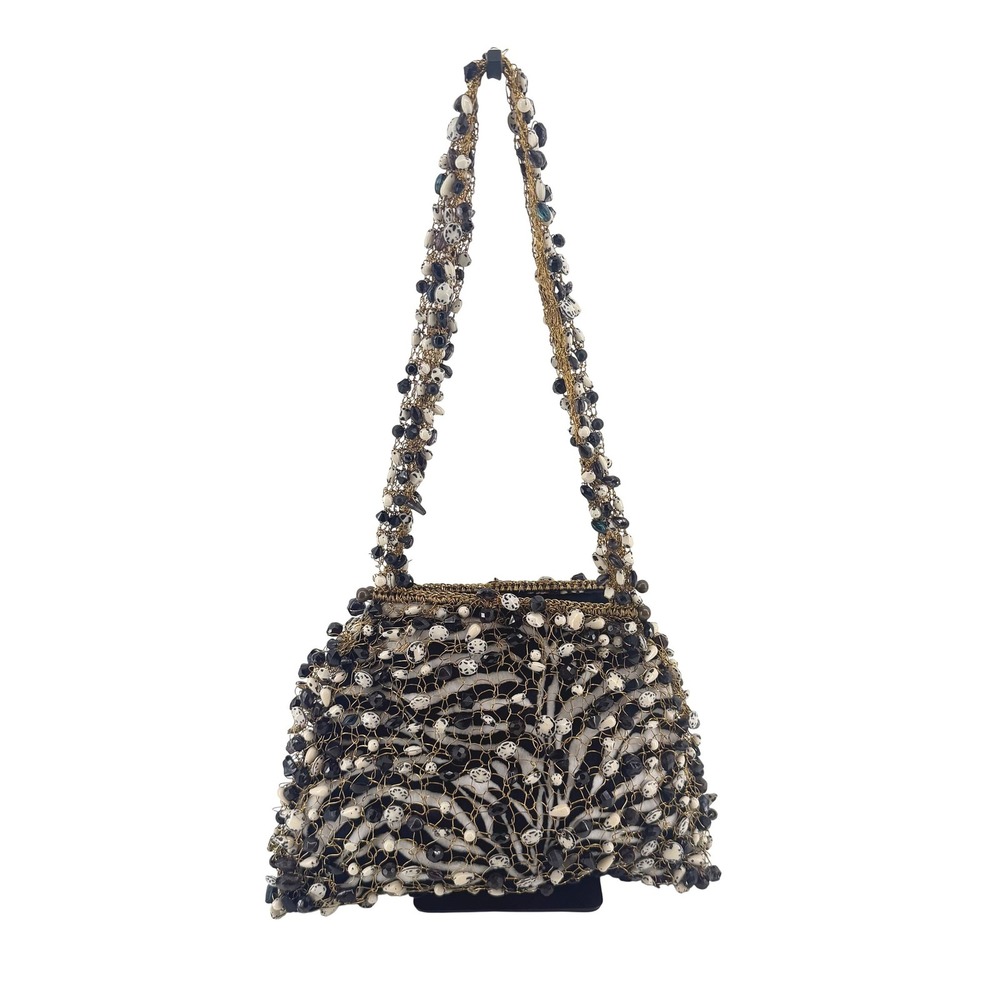 La Chica Chic Brazil Zebra Print Beaded Wire Mesh Shoulder Bag Black White Gold